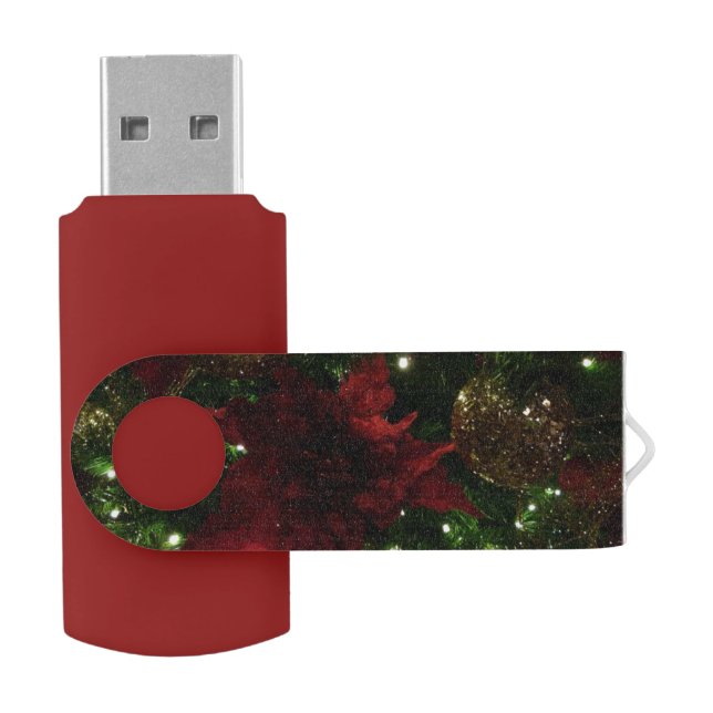 Maroon and Gold Christmas Tree I Holiday Photo Flash Drive (Opened)
