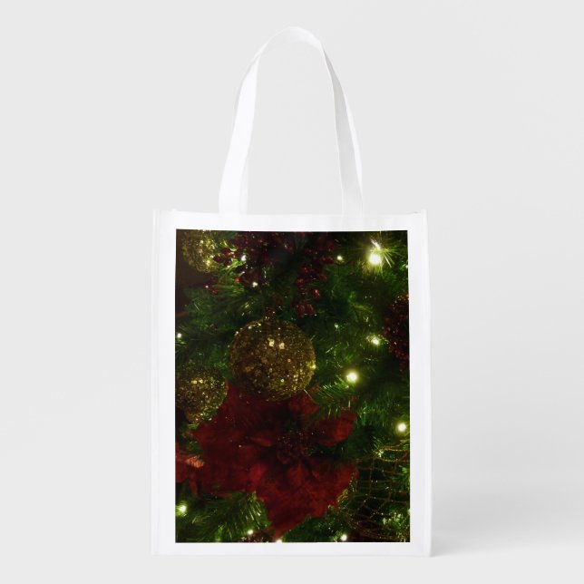 Maroon and Gold Christmas Tree I Holiday Photo Grocery Bag (Front)