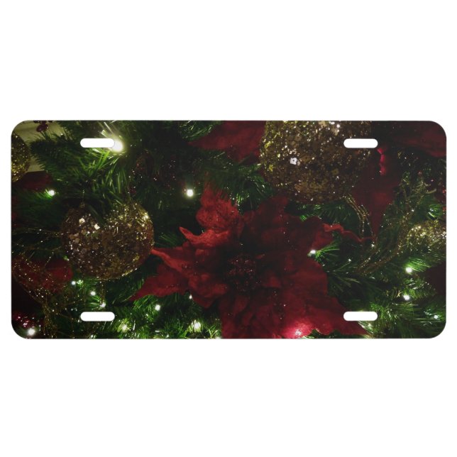 Maroon and Gold Christmas Tree I Holiday Photo License Plate (Front)