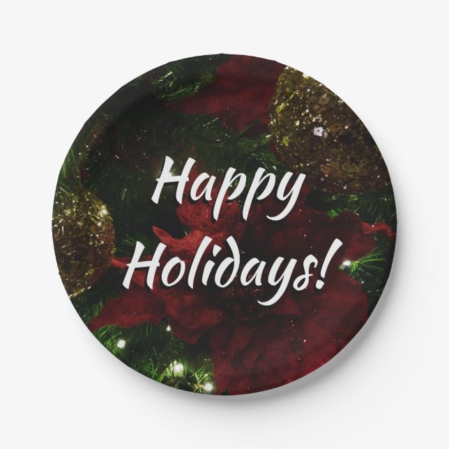 Maroon and Gold Christmas Tree I Holiday Photo Paper Plates (Front)