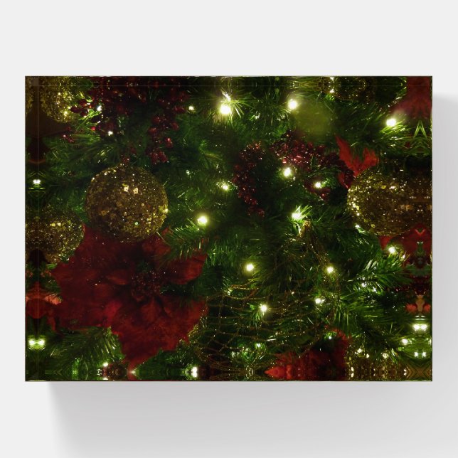 Maroon and Gold Christmas Tree I Holiday Photo Paperweight (Front)