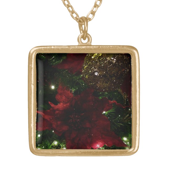 Maroon and Gold Christmas Tree I Holiday Photo Plated Necklace (Front)