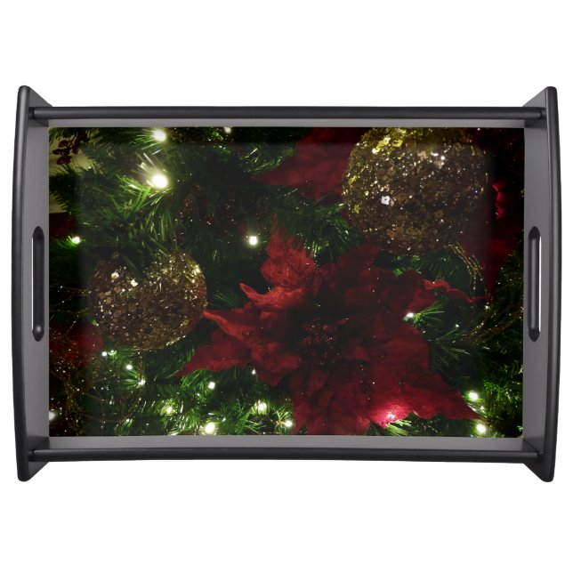 Maroon and Gold Christmas Tree I Holiday Photo Serving Tray (Front)