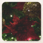 Maroon and Gold Christmas Tree I Holiday Photo Square Paper Coaster