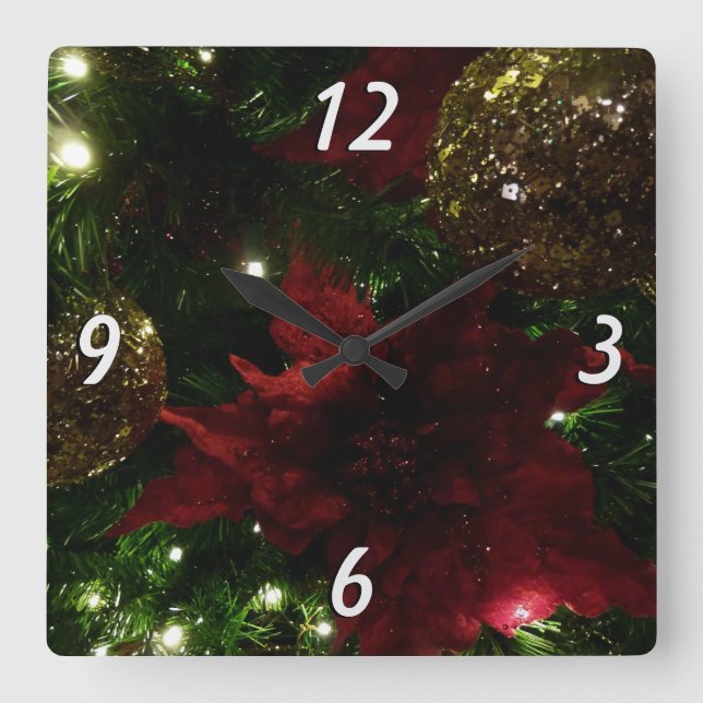 Maroon and Gold Christmas Tree I Holiday Photo Square Wall Clock (Front)