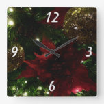 Maroon and Gold Christmas Tree I Holiday Photo Square Wall Clock