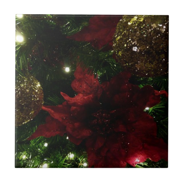 Maroon and Gold Christmas Tree I Holiday Photo Tile (Front)
