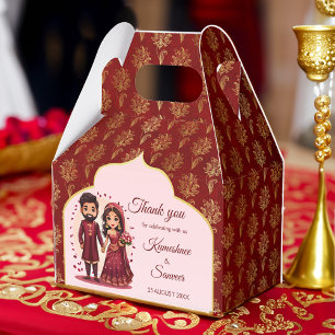 Maroon and gold cute Indian bridal couple cartoon Favor Boxes