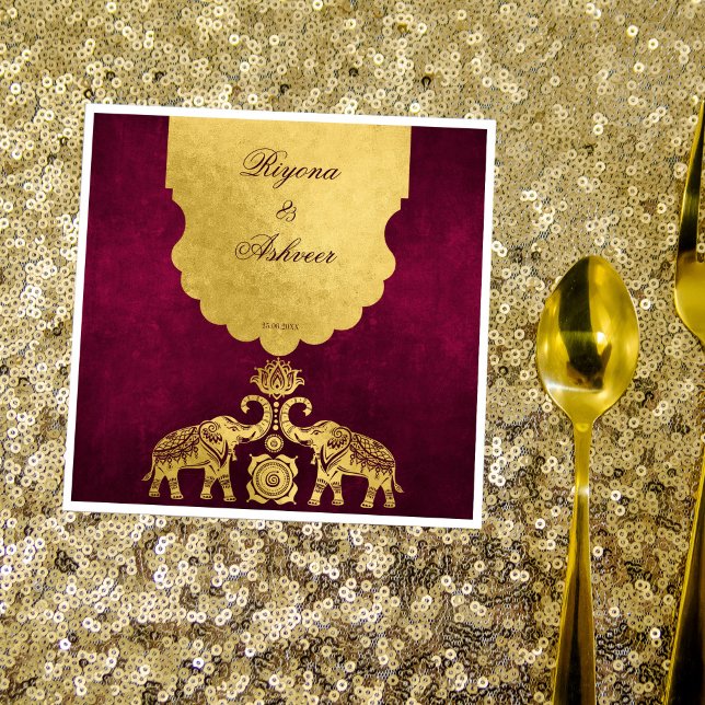Maroon and gold elephants Indian wedding luxury Napkins (Creator Uploaded)