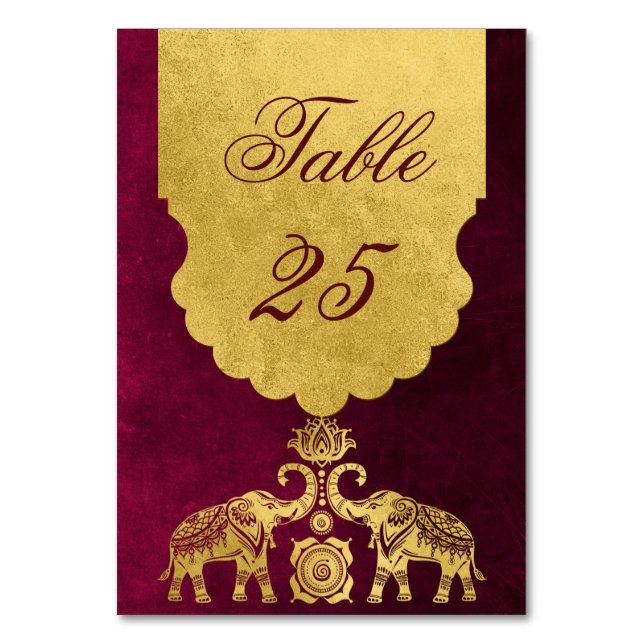 Maroon and gold elephants Indian wedding  Table Number (Back)