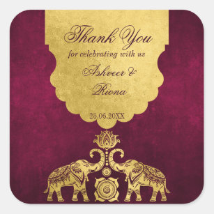 Maroon and gold elephants Indian wedding thank you Square Sticker