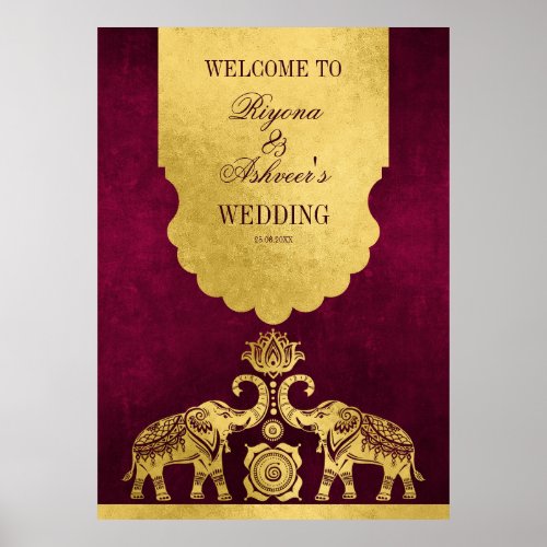 Maroon and gold elephants Indian wedding welcome Poster