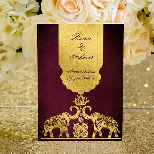 Maroon and gold elephants luxury Indian wedding  Invitation