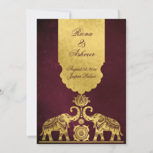 Maroon and gold elephants luxury Indian wedding  Invitation