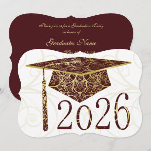 Maroon and Gold Floral Cap 2026 Graduation Party Invitation