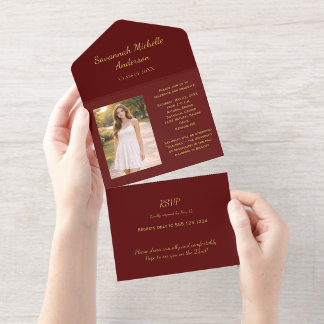 Maroon and Gold Foil Photo Graduation | All In One Invitation