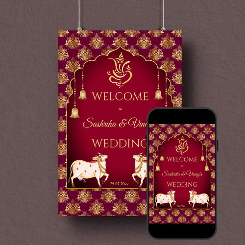 Maroon and gold Gomata wedding welcome sign