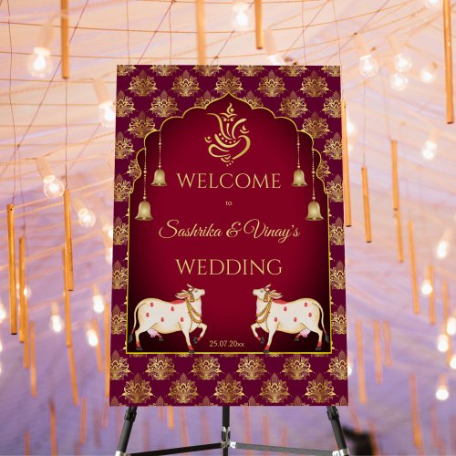 Maroon and gold Gomata wedding welcome sign
