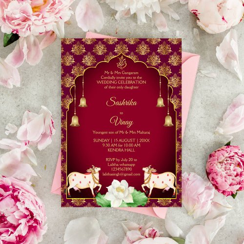 Maroon and gold Gomata white lotus wedding Invitation