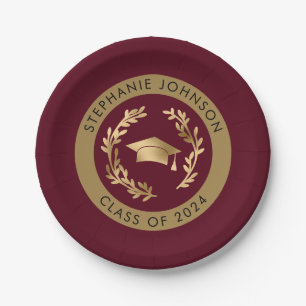 Maroon and Gold Grad Cap Class of 2024 Party Paper Plates