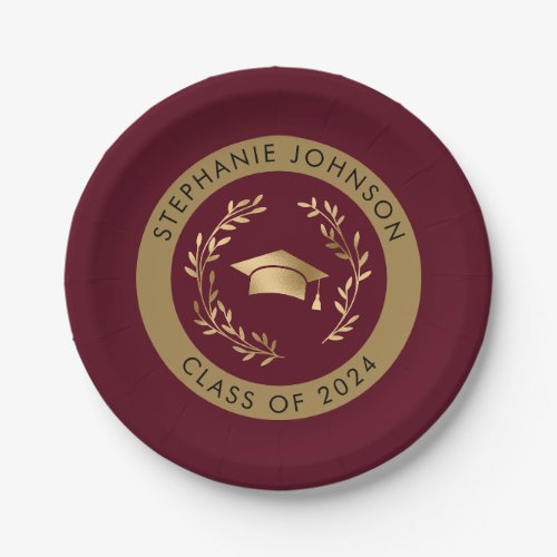 Maroon and Gold Grad Cap Class of 2024 Party Paper Plates