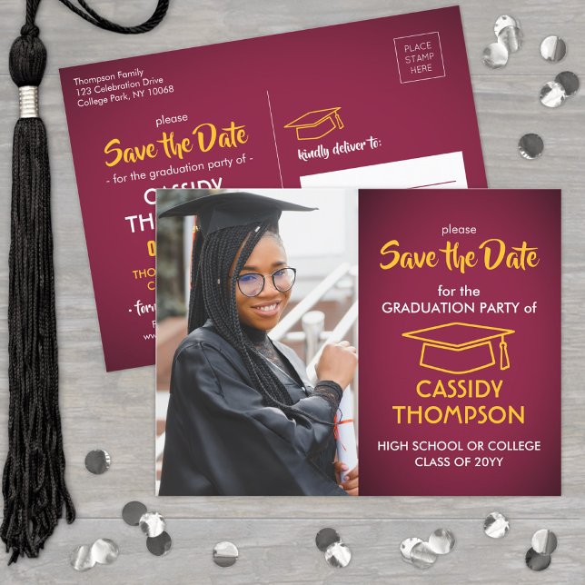 Maroon and Gold Graduation Photo Save the Date Postcard (Creator Uploaded)