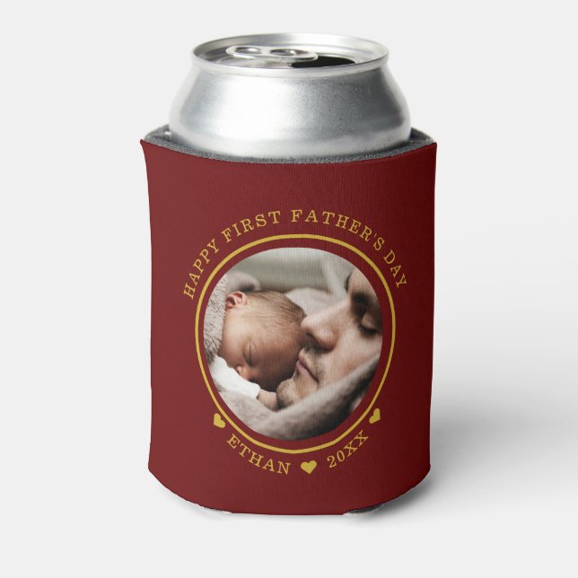 Maroon And Gold Happy First Father's Day Photo   Can Cooler (Can Back)