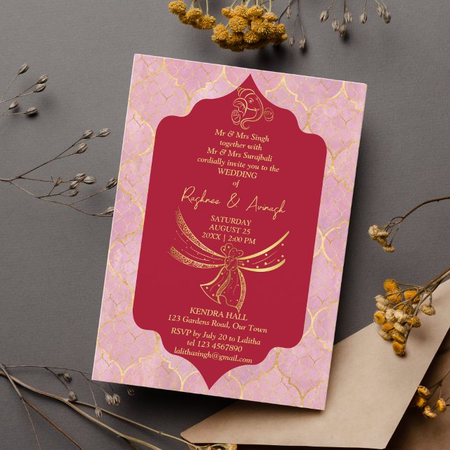 Maroon and gold Hindu wedding knot Ganesha  Invitation (Creator Uploaded)