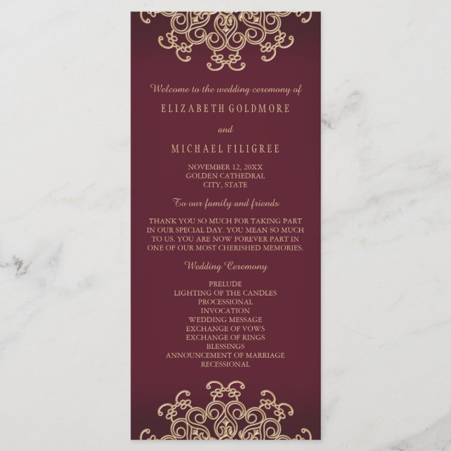 Maroon and Gold Indian Inspired Wedding Program (Front)