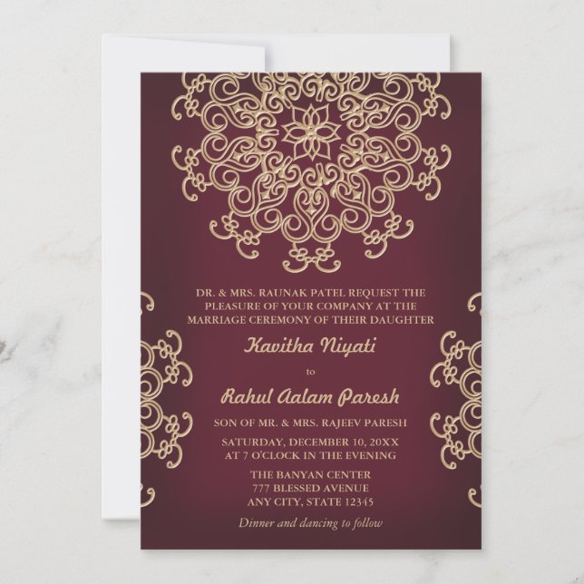 Maroon AND GOLD INDIAN STYLE WEDDING INVITATION (Front)