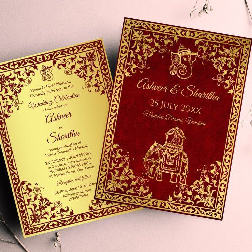 Maroon and gold Indian wedding elephant grooms Invitation