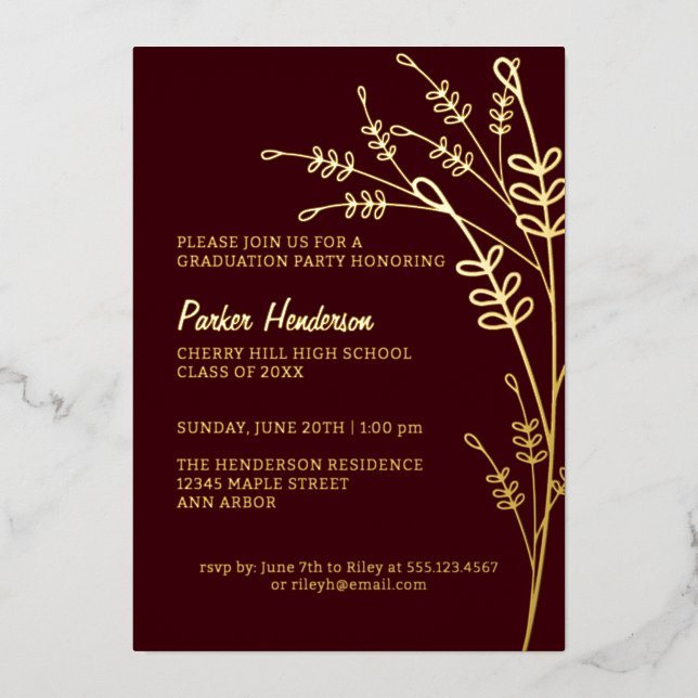 Maroon and Gold Modern Floral Graduation Party Foil Invitation (Front)
