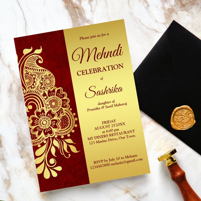 Maroon and gold paisley mehndi  invitation (Maroon and gold paisley Indian wedding mehndi invitation template instant download henna prewedding)