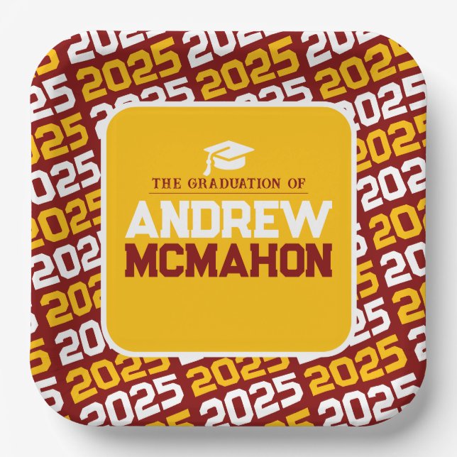Maroon and Gold Personalized Graduation Paper Plates (Front)