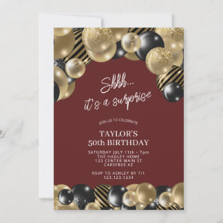 Maroon and Gold Surprise 50th Birthday Invitation