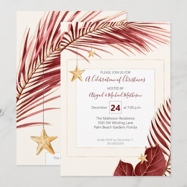Maroon and Gold Tropical Greenery Christmas Party Invitation (Front/Back)