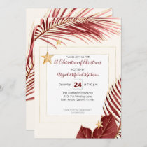 Maroon and Gold Tropical Greenery Christmas Party Invitation