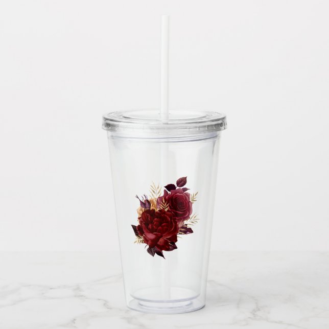 Maroon and Gold Vintage Floral Acrylic Tumbler (Front)