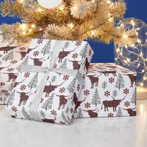 Maroon and Gray Buffalo Plaid Longhorn Pattern Wrapping Paper