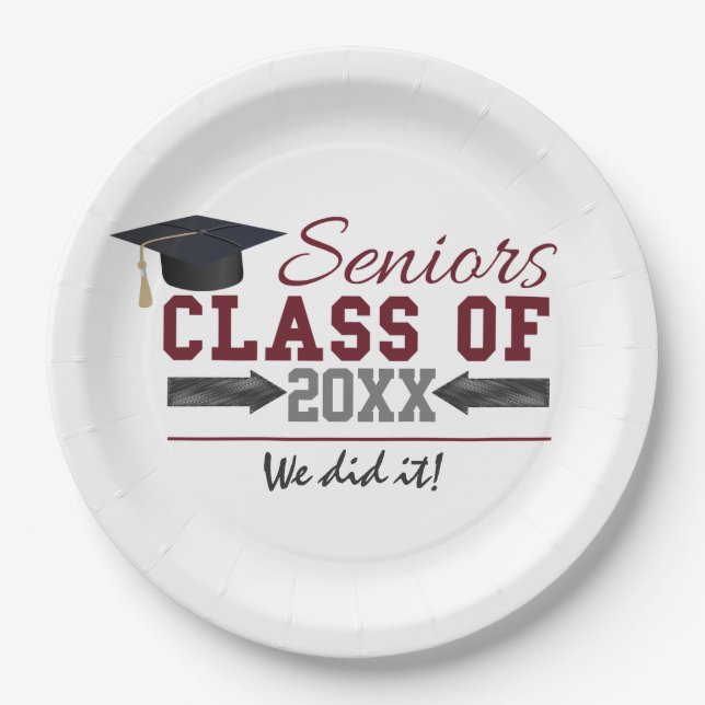 Maroon and Gray Graduation Party Plate (Front)