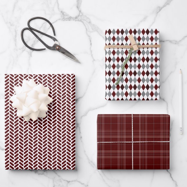 Maroon and Gray Mixed Patterns Wrapping Paper Sheets (Front)