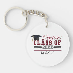 Maroon and Gray Typography Graduation Gear Keychain