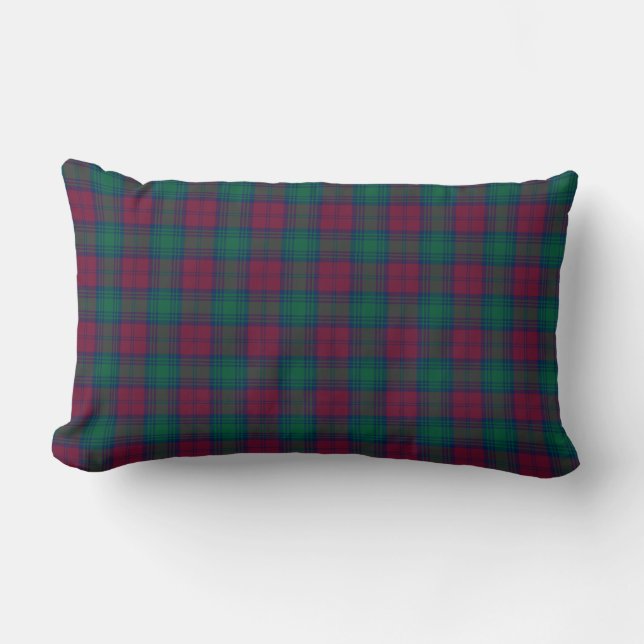 Maroon and Green Lindsay Clan Scottish Plaid Lumbar Pillow (Front)