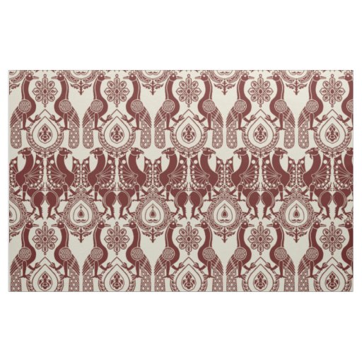 Maroon and Ivory Medieval Peacocks and Dragons Fabric