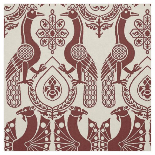 Maroon and Ivory Medieval Peacocks and Dragons Fabric