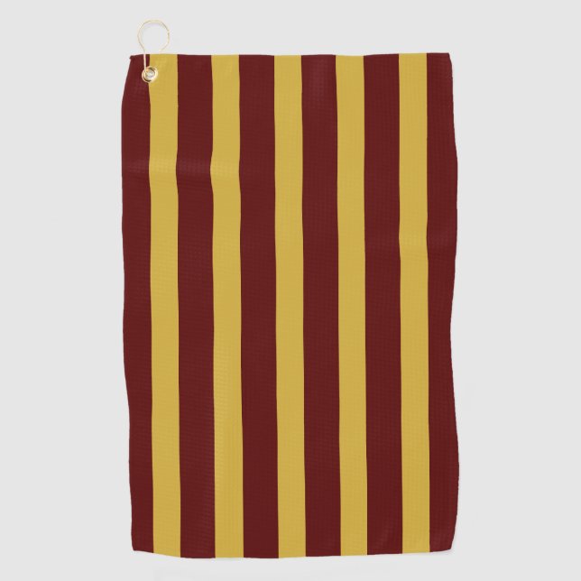Maroon and Metallic Gold Vertical Striped Golf Towel (Front)