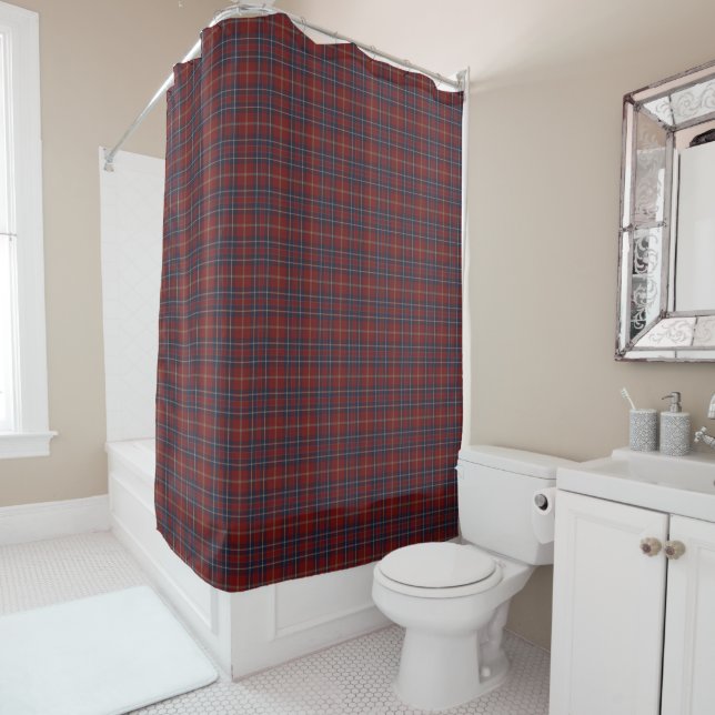 Maroon and Navy Blue Rustic Plaid Shower Curtain (In Situ)