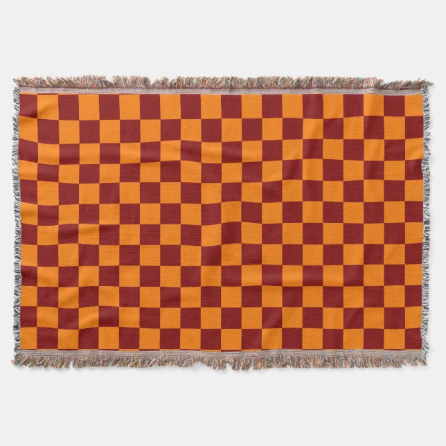 Maroon and Orange Checkered Vintage Throw Blanket (Front)