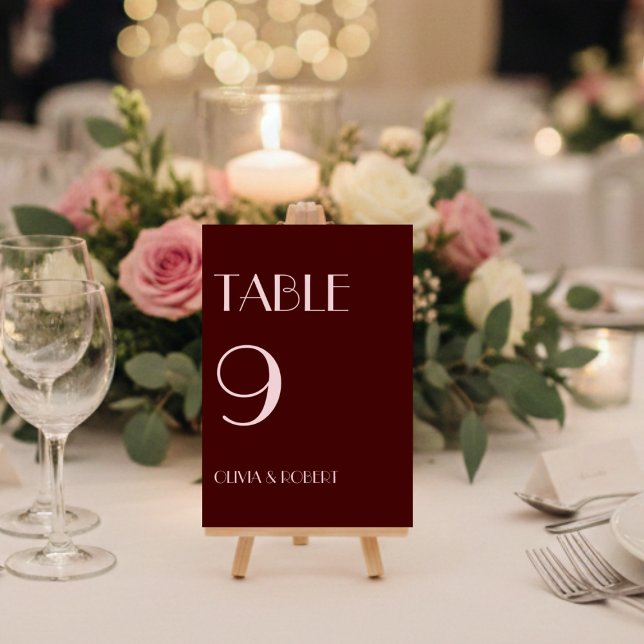 Maroon and pale pink modern simple wedding  table number (Creator Uploaded)