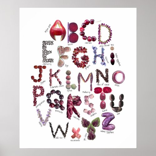 Maroon and Purple Alphabet  Fruits and Veggies  Poster